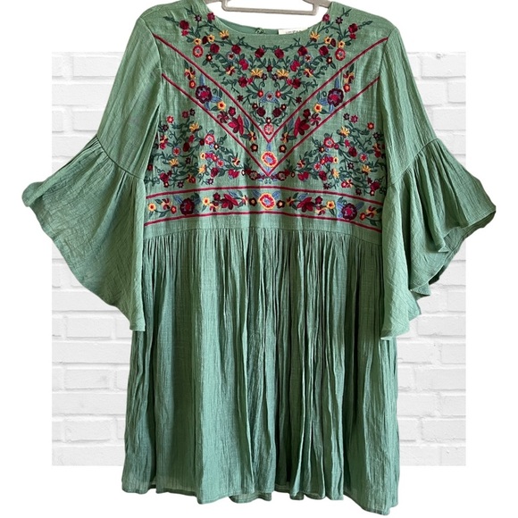 Umgee Sage Green Embroidered Baby Doll Dress Medium Bohemian Boho Hippie Fairy - Picture 1 of 11